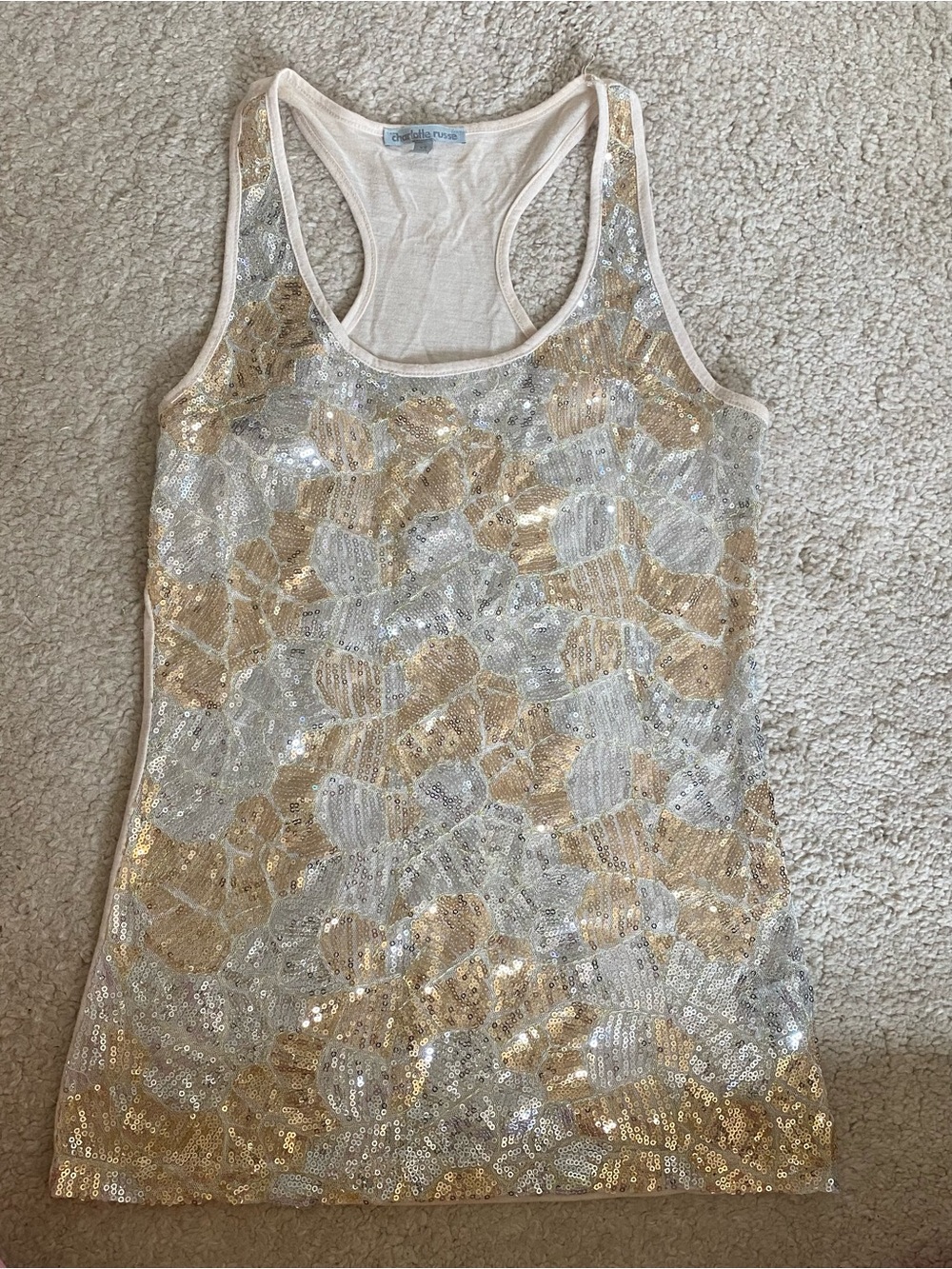 Odille Gold & White Sequin Floral Racerback Tank